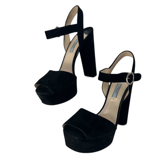 Prada Suede Platform Peep Toe Heels in Black - Picture 4 of 14